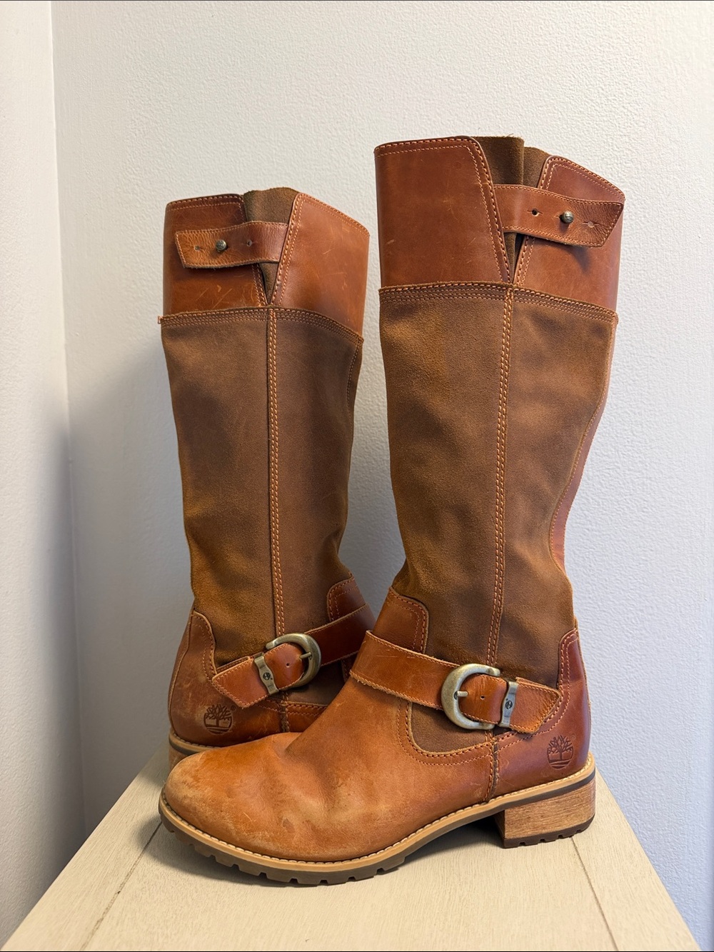 Timberland Bethel Buckle Tall Riding Boots Cognac Brown Leather Suede Size 9